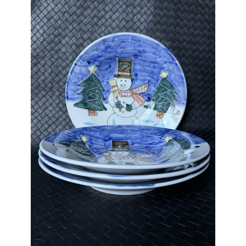 TABLETOPS UNLIMITED Holiday Handpainted Folk Art Snowman Salad Soup Bowl Set 4